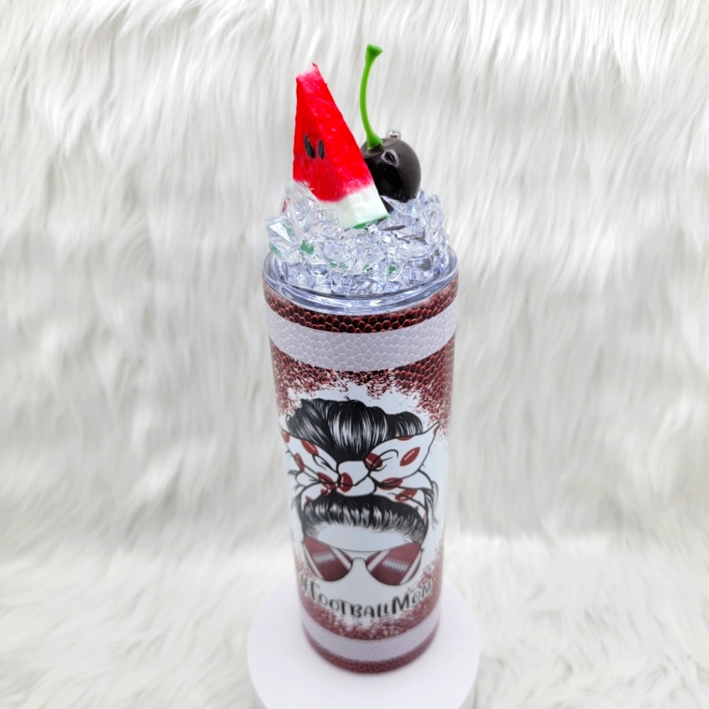 Football mom skinny tumbler drinking cup 20 Oz. with ice topper.